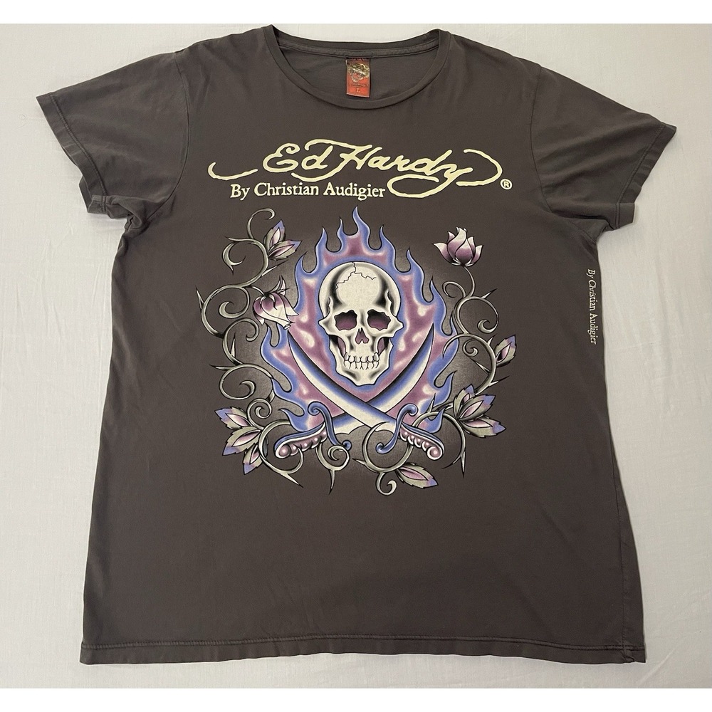 Vintage Ed Hardy By Christian Audigier Y2k Tshirt Size Large Gray Skull Graphic